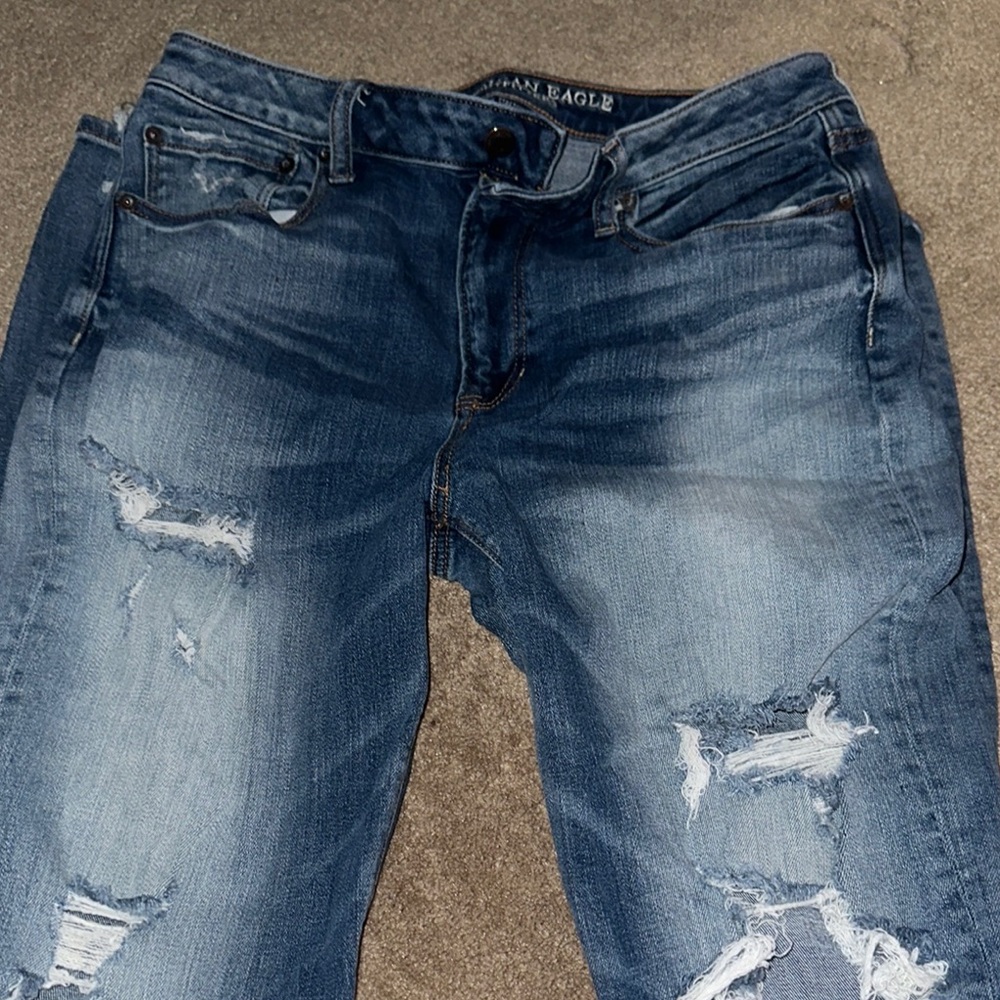 American Eagle Outfitters Blue Skinny Jeans with Distressed Details